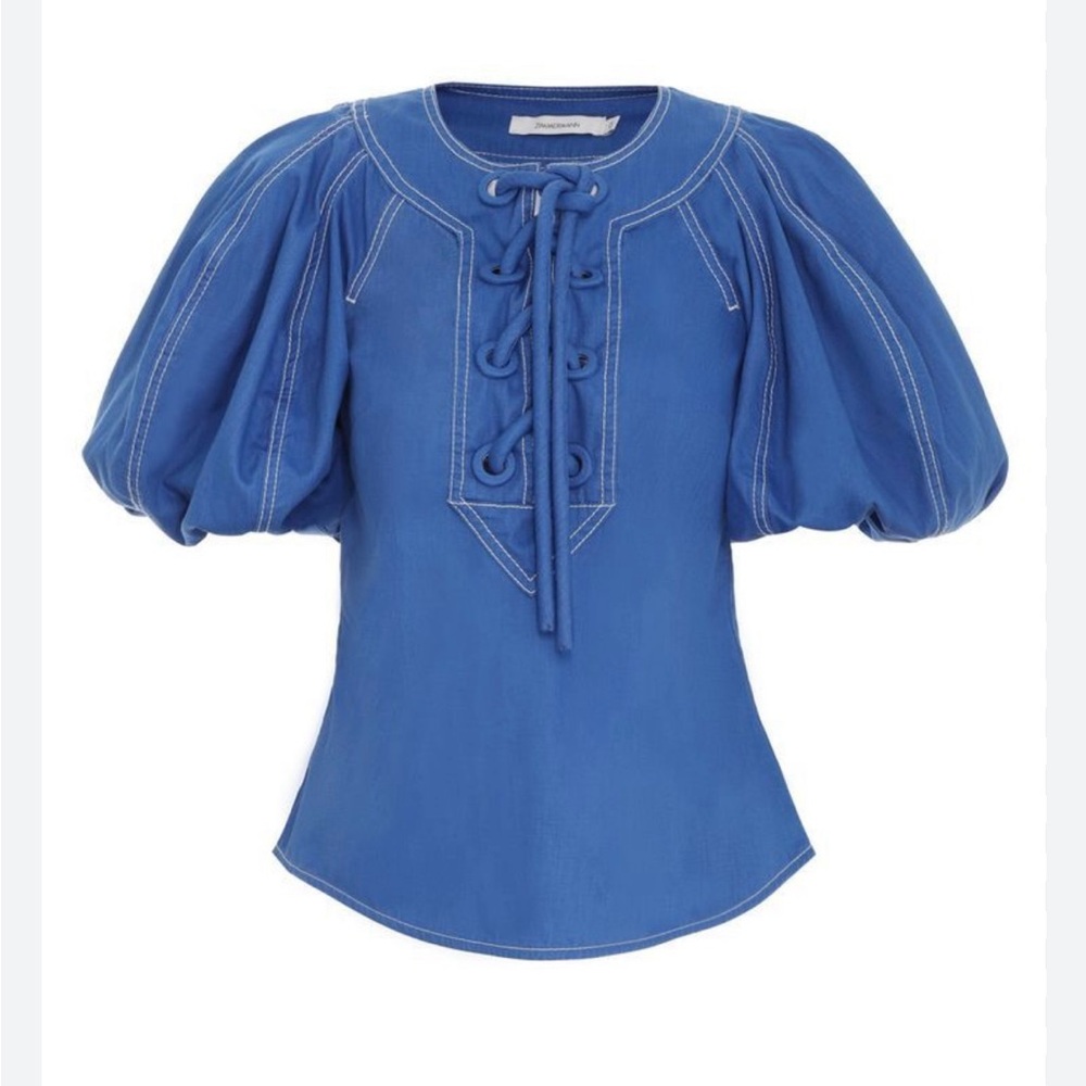 Zimmermann Blue Tie Front Puffed Blouse